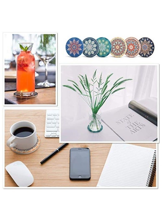 ماهمير مجموعة من 6 قطع من قواعد الأكواب مع حامل، قواعد سيراميك ماصة بقاعدة من الفلين، تمنع الأثاث من الاتساخ والخدش، مناسبة لجميع أكواب الشرب والأكواب - Image 4