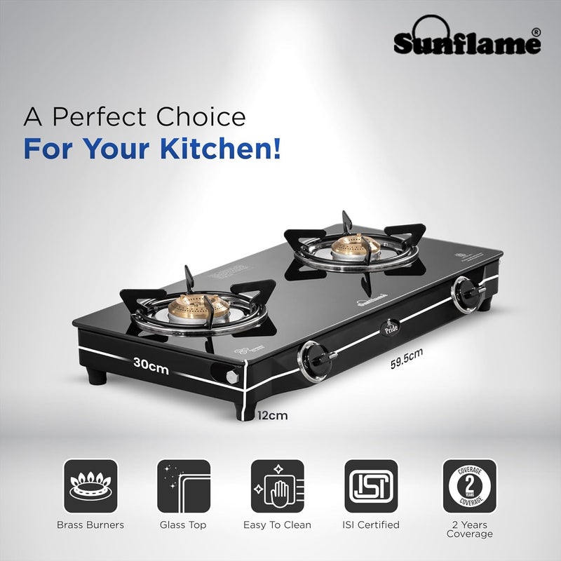 SUNFLAME Pride 2 Burner Gas Stove 60 cm Wide | 1 Medium and 1 Small Brass Burners | 2-Years Product Coverage by | Ergonomic Knobs | Easy to Maintain l Toughened Glass Top | Black - Image 2