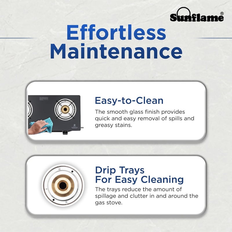 SUNFLAME Pride 2 Burner Gas Stove 60 cm Wide | 1 Medium and 1 Small Brass Burners | 2-Years Product Coverage by | Ergonomic Knobs | Easy to Maintain l Toughened Glass Top | Black - Image 5