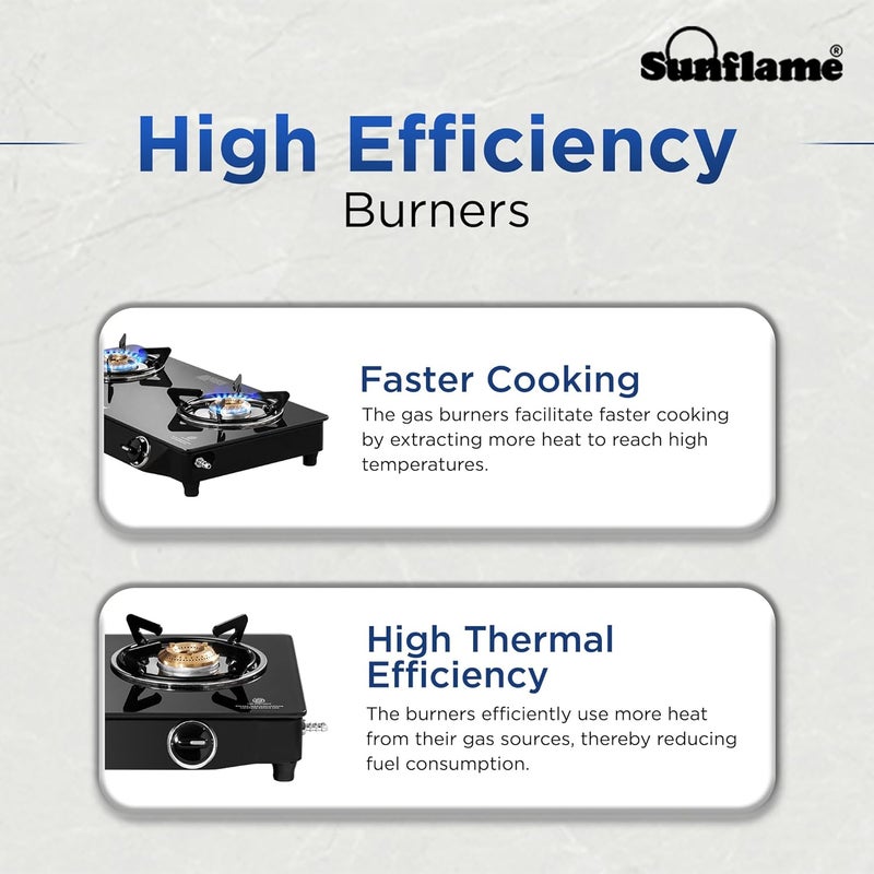 SUNFLAME Pride 2 Burner Gas Stove 60 cm Wide | 1 Medium and 1 Small Brass Burners | 2-Years Product Coverage by | Ergonomic Knobs | Easy to Maintain l Toughened Glass Top | Black - Image 3