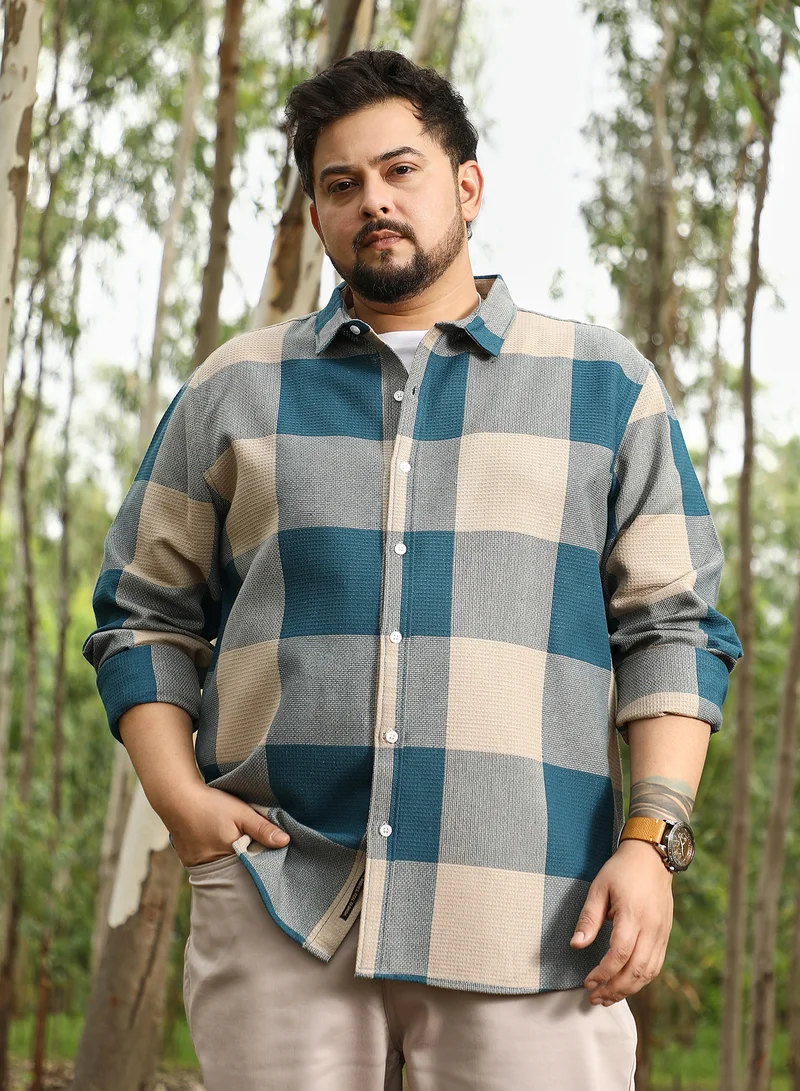 انستافاب بلس Instafab Plus Men Buffalo-Woven Regular Shirt | Button-Down Collar , Long Cuffed Sleeve | Button Closure , Curved Hem | Checks Jacquard | Woven Fabric For Casual & Daily Wear | Azure Blue & Off-White