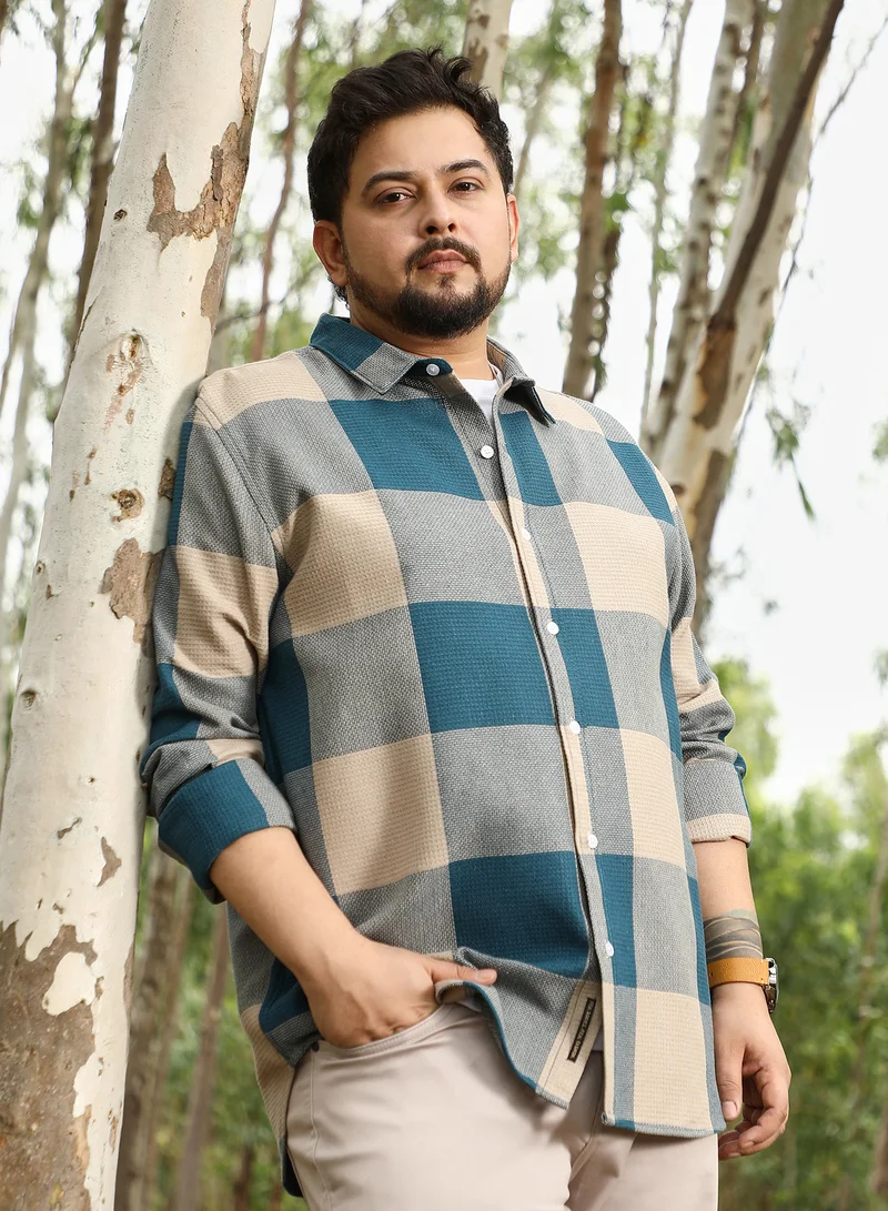 انستافاب بلس Instafab Plus Men Buffalo-Woven Regular Shirt | Button-Down Collar , Long Cuffed Sleeve | Button Closure , Curved Hem | Checks Jacquard | Woven Fabric For Casual & Daily Wear | Azure Blue & Off-White