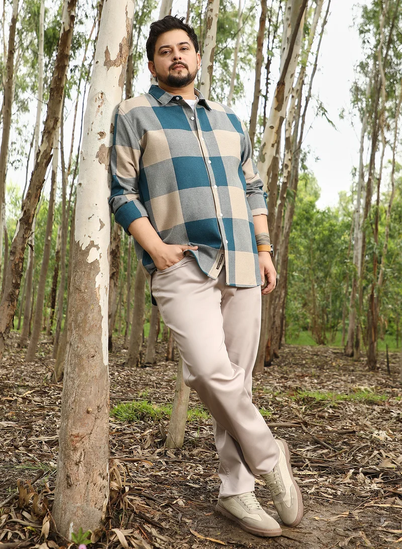انستافاب بلس Instafab Plus Men Buffalo-Woven Regular Shirt | Button-Down Collar , Long Cuffed Sleeve | Button Closure , Curved Hem | Checks Jacquard | Woven Fabric For Casual & Daily Wear | Azure Blue & Off-White