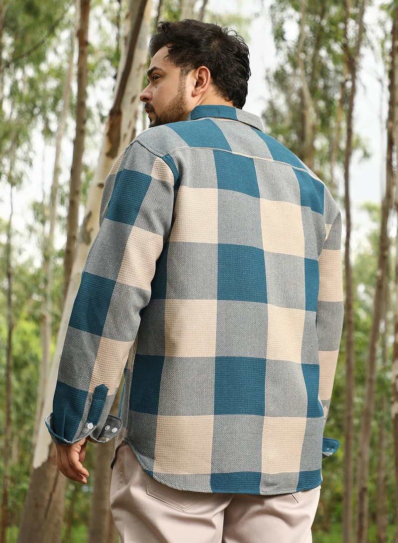 انستافاب بلس Instafab Plus Men Buffalo-Woven Regular Shirt | Button-Down Collar , Long Cuffed Sleeve | Button Closure , Curved Hem | Checks Jacquard | Woven Fabric For Casual & Daily Wear | Azure Blue & Off-White