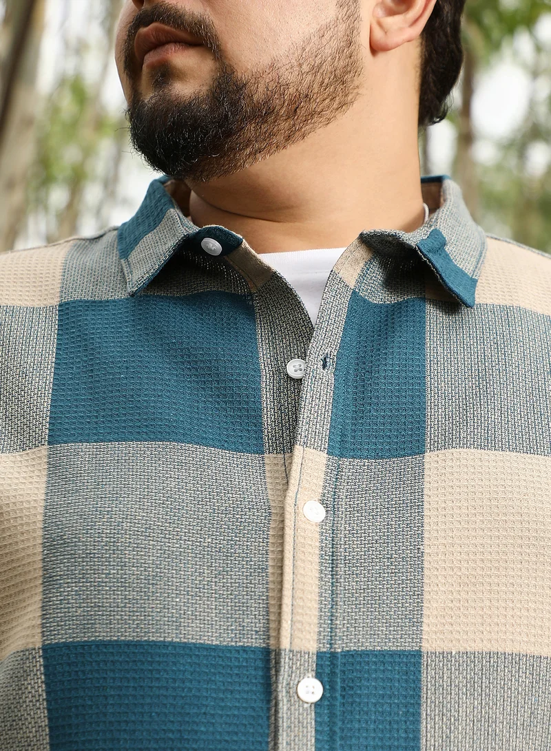 انستافاب بلس Instafab Plus Men Buffalo-Woven Regular Shirt | Button-Down Collar , Long Cuffed Sleeve | Button Closure , Curved Hem | Checks Jacquard | Woven Fabric For Casual & Daily Wear | Azure Blue & Off-White