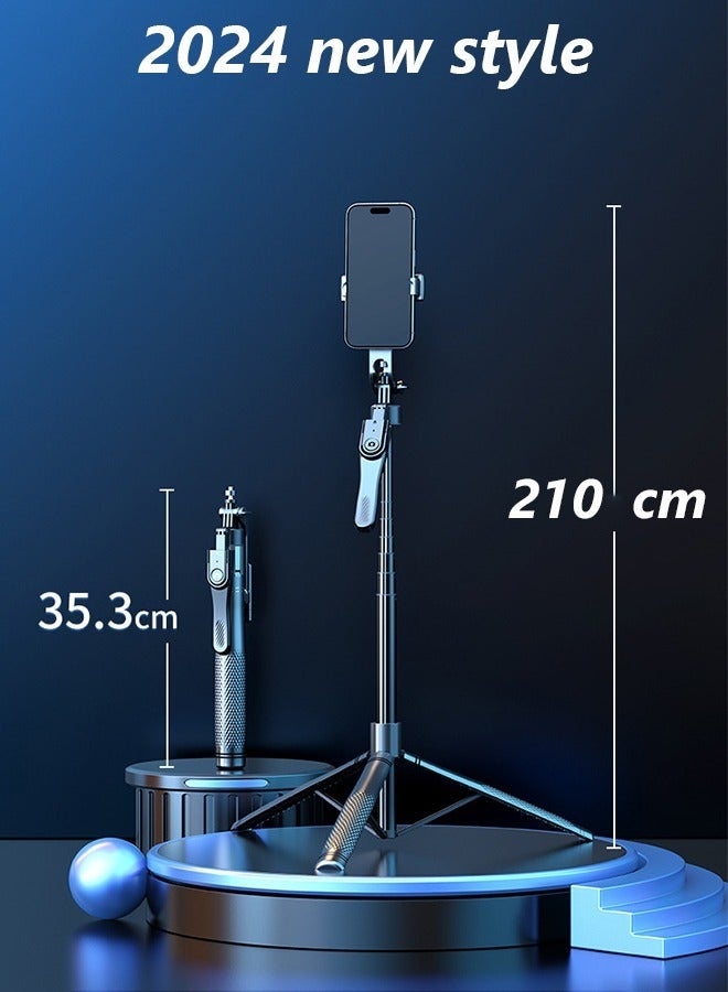 كيلا عصا سيلفي جديدة من سبائك الألومنيوم لعام 2024، مثبتة للهاتف، تدور 360 درجة، متعددة الوظائف، حامل ثلاثي القوائم محمول 35-210 سم مع حامل هاتف لاسلكي للتحكم عن بعد وإضاءة LED جميلة مناسبة لجميع الهواتف المحمولة - Image 2