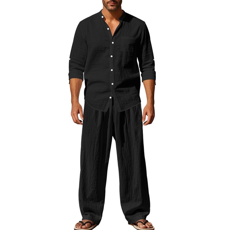 Cross-Border 2025 American-Style Four Seasons Linen Men's Casual Loose Breathable Long Sleeve Shirt and Pants Beach Set