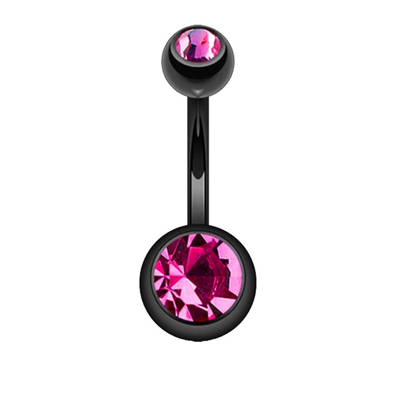 FIFTH CUE Black Titanium IP Over 316L Surgical Steel Belly Button Ring, 14GA Belly Button Piercing with Pink Cubic Zirconia, 3/8 Inch Length, 5 & 8mm Balls, 10+ Colors