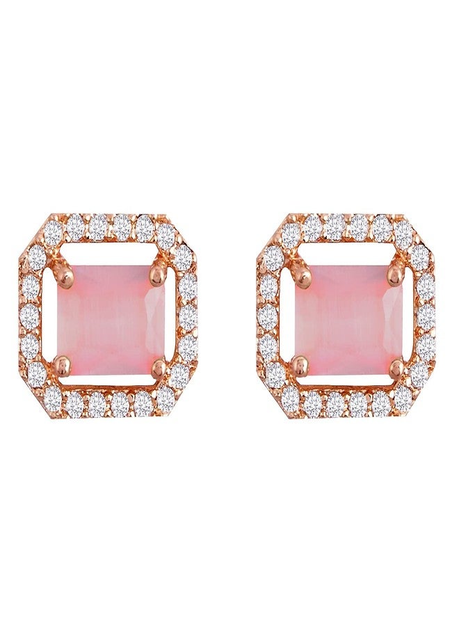 KENNICE Rose Gold-Plated Rectangle Shaped Brass Pink Studs Earrings Jewellery for Women & Girls - Image 3
