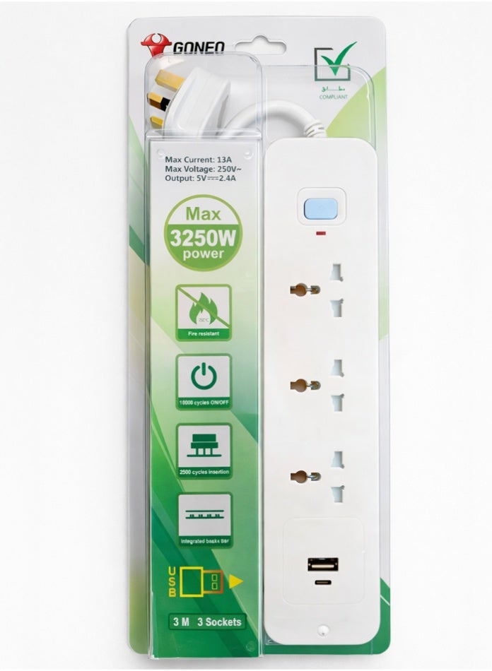 غونغنيو سلك تمديد عالمي ثلاثي المنافذ مزود بمنافذ USB-C و USB-A، كابل بطول 3 أمتار مع مفتاح تشغيل رئيسي، شريط طاقة بقدرة 3250 واط مع حماية من زيادة التيار والحمل الزائد، مصنوع من مواد مقاومة للحريق