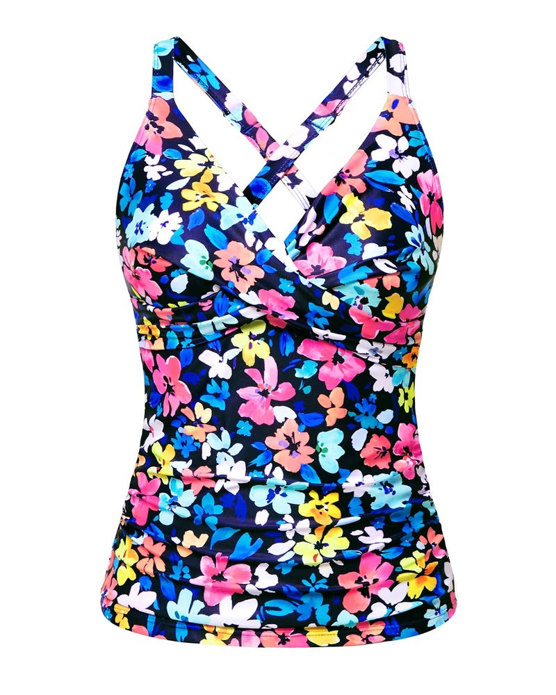 Tempt Me Women Underwire Tankini Top Only - Twist Front V Neck Bathing Suit Swim Top Tummy Control Cross Swimsuit 2026 Colorful Floral L - Image 1