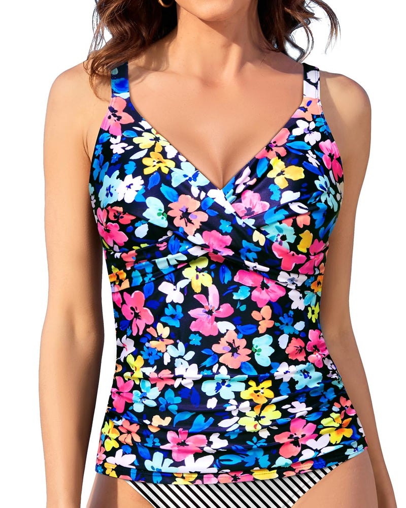Tempt Me Women Underwire Tankini Top Only - Twist Front V Neck Bathing Suit Swim Top Tummy Control Cross Swimsuit 2026 Colorful Floral L - Image 3