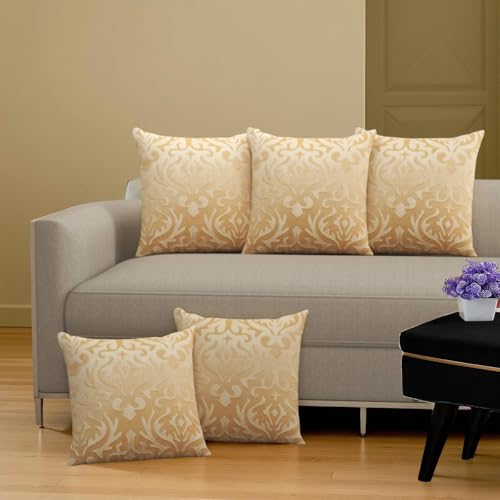 STARNSTYLE Velvet Decorative Cushion Cover 16x16 Inch - Set of 5, Soft Solid Damask Square Throw Pillow Covers for Sofa, Living Room or Home Decor - 40x40 cm Beige - Image 1