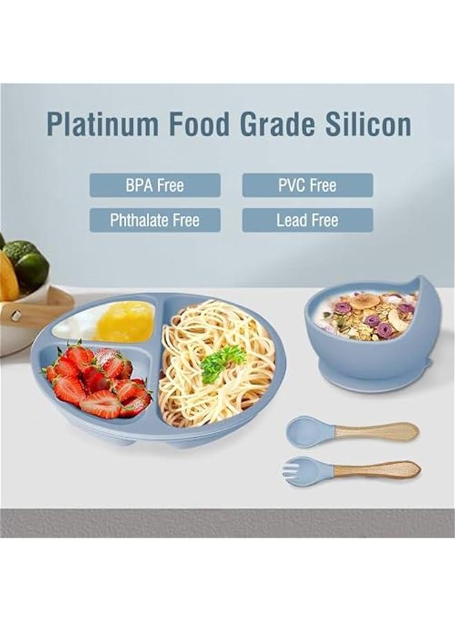 هوكور طقم أدوات تناول طعام للأطفال من السيليكون مكون من 8 قطع من توريسيك، لوازم فطام للأطفال تتضمن وعاء بلاصق بالشفط وطبق مقسم وملاعق وشوك وكوب مضاد للانسكاب ومريلة قابلة للتعديل (ازرق) - Image 4