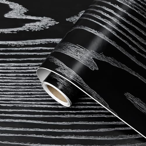 Qianglive Thick Silver and Black Wood Contact Paper Peel and Stick Wallpaper Wood Grain Wallpaper for Countertops Cabinets Waterproof Self Adhesive Removable Textured Vinyl Roll 157x78 - Image 1