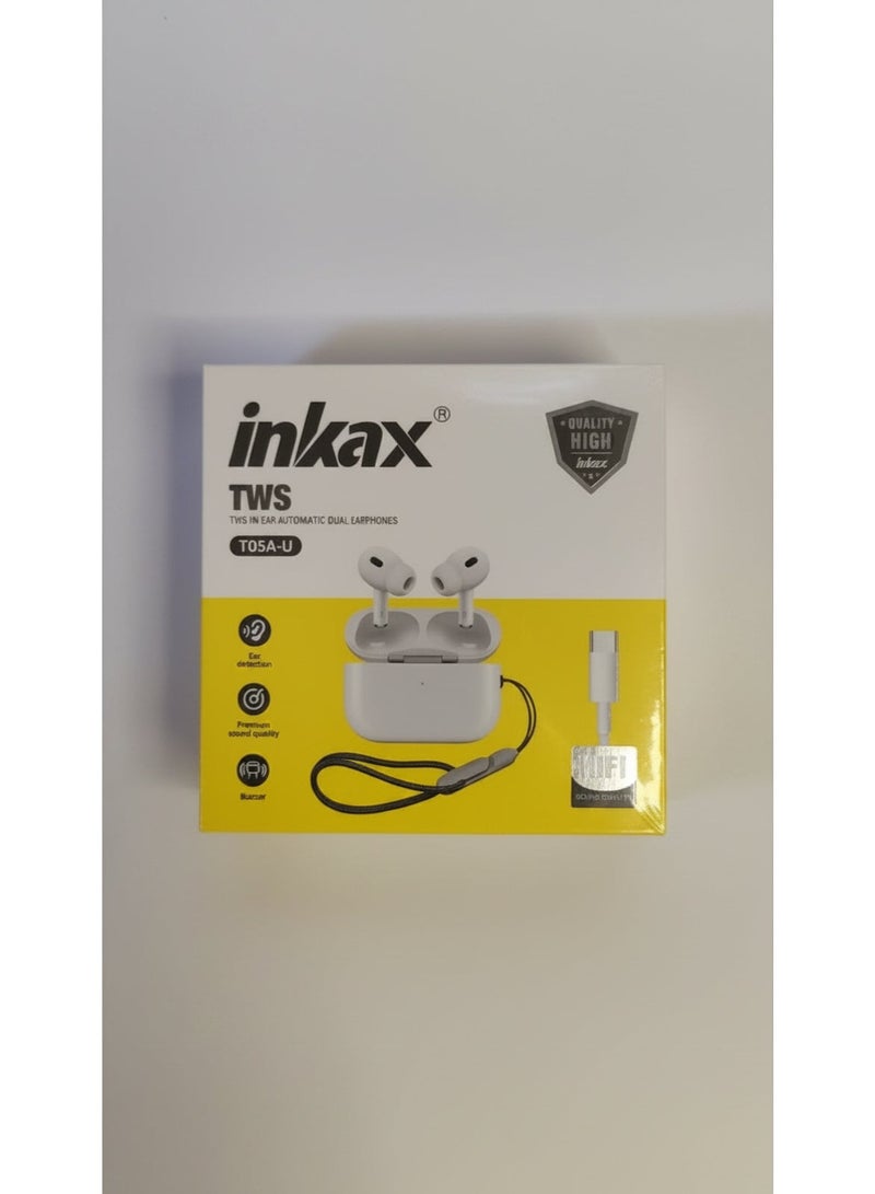 إنكاكس سماعة لاسلكية Inkax T05A-U تأتي بتصميم أبيض أنيق وعلبة شحن تحتوي على حبل لسهولة الحمل - Image 1