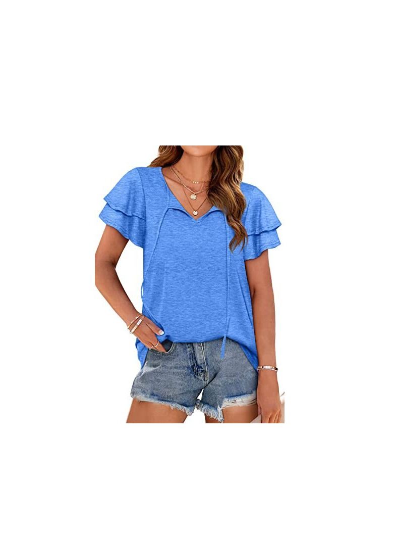 Loquat New Women's V-neck Double-layer Lotus Leaf Short Sleeve T-Thirt 