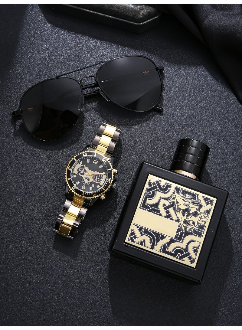 3pcs watch set, black and black stainless steel with calendar Shi Ying formal casual Joker quartz watch set, suitable for his perfect birthday present. - Image 2