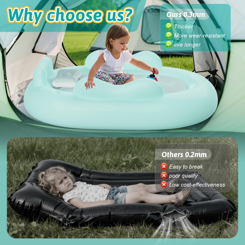 Abdtech Inflatable Toddler Travel Bed Kids Air Mattress with Safety Sides Portable Blow Up Mattress with Bumpers & Pump for Camping, Travel, Home-Green 60 Inch - Image 2