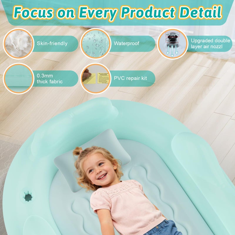 Abdtech Inflatable Toddler Travel Bed Kids Air Mattress with Safety Sides Portable Blow Up Mattress with Bumpers & Pump for Camping, Travel, Home-Green 60 Inch - Image 3
