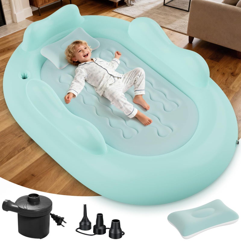 Abdtech Inflatable Toddler Travel Bed Kids Air Mattress with Safety Sides Portable Blow Up Mattress with Bumpers & Pump for Camping, Travel, Home-Green 60 Inch - Image 1