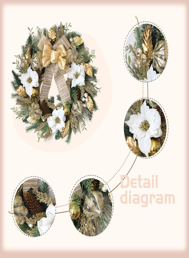 idyllic Christmas White Gold Poinsettia Wreath 22 Inches - Elegant Floral Christmas Wreaths for Front Doors with Metallic Accents, Winter Door Wreath, Perfect for Walls & Mantels - Image 2