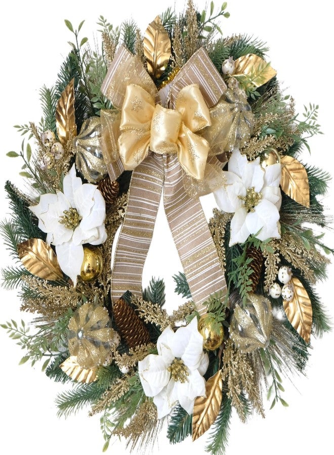 idyllic Christmas White Gold Poinsettia Wreath 22 Inches - Elegant Floral Christmas Wreaths for Front Doors with Metallic Accents, Winter Door Wreath, Perfect for Walls & Mantels - Image 1