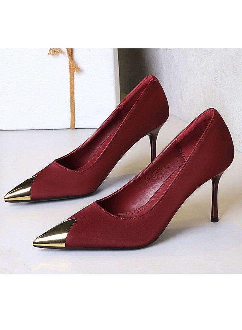 BIGTREE Women's Elegant Metal Closed Pointed Toe High Heels Satin Party Stiletto Pumps Wine Red 8.5CM - Image 1