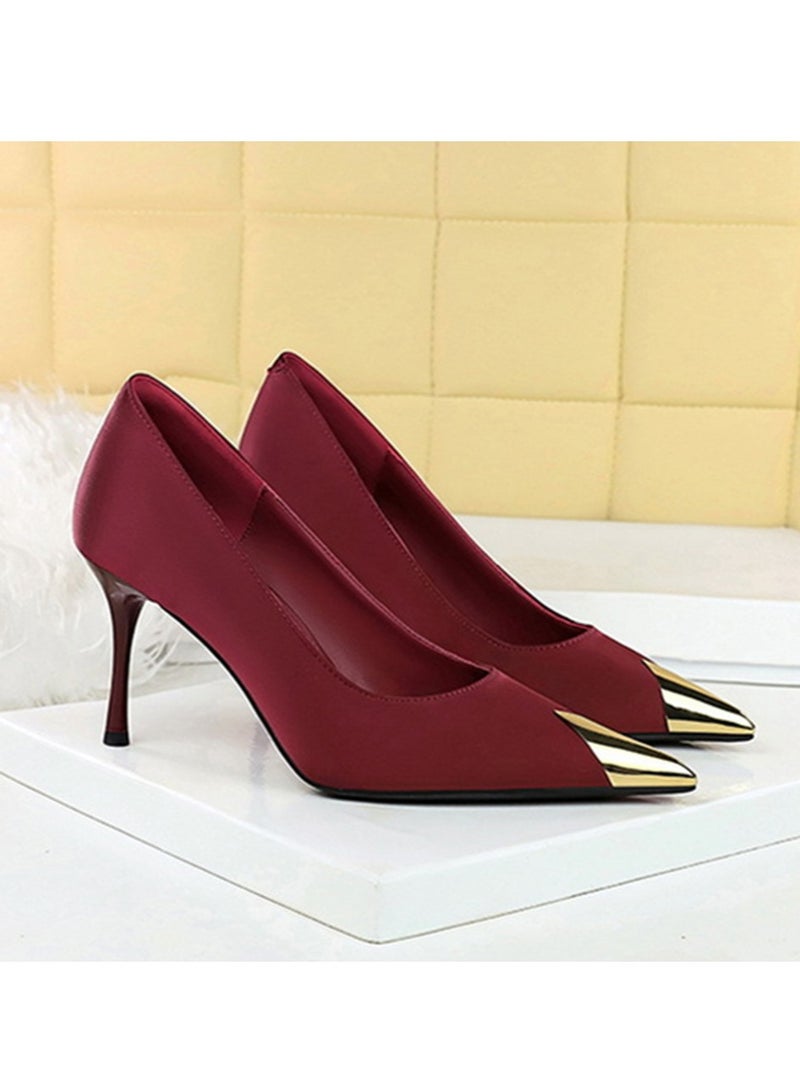 BIGTREE Women's Elegant Metal Closed Pointed Toe High Heels Satin Party Stiletto Pumps Wine Red 8.5CM - Image 2
