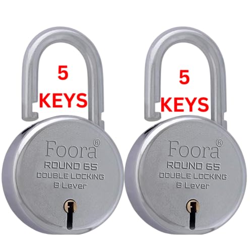Foora Round 65mm Lock and Keys -Heavy Duty Shackle Padlock for Home, Gate, and Shutter - Metal Body, Double Locking 8 Steel Lever with 5 Silver Keys - Silver Finish, Made in India, Pack of 2 - Image 1