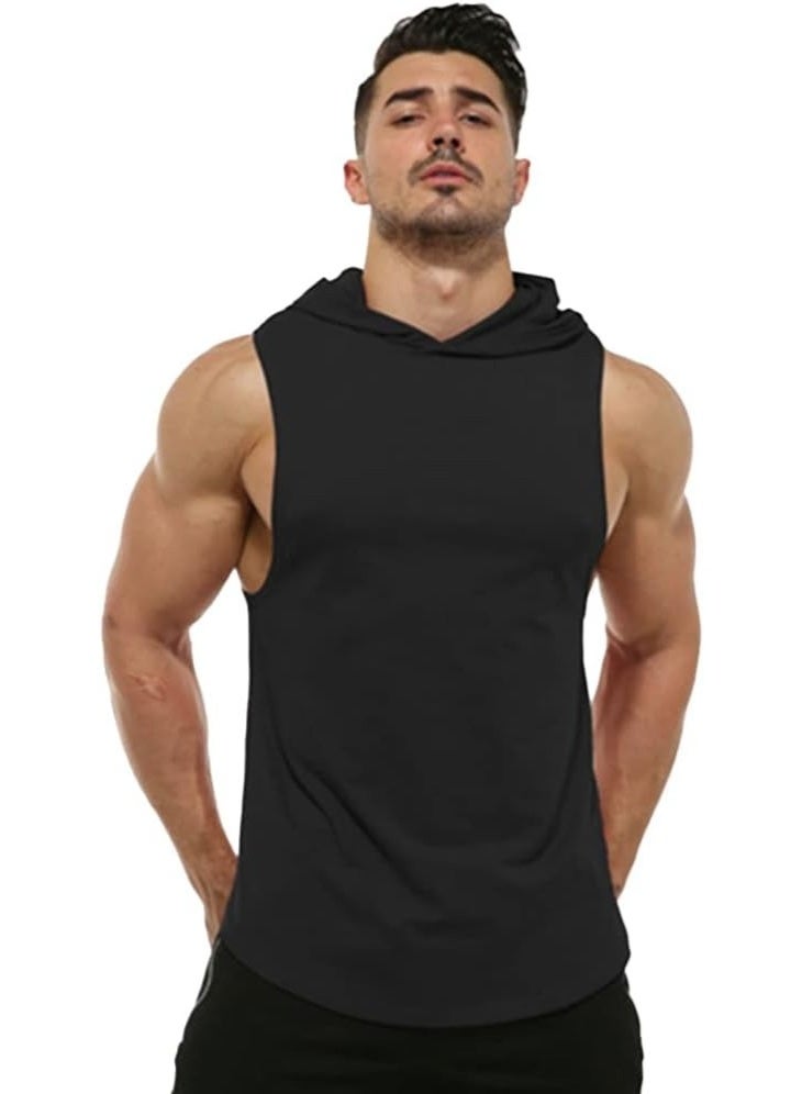 Men's Workout Hooded Tank Tops Sleeveless Gym Training Hoodies Bodybuilding Muscle Cut Off T Shirt