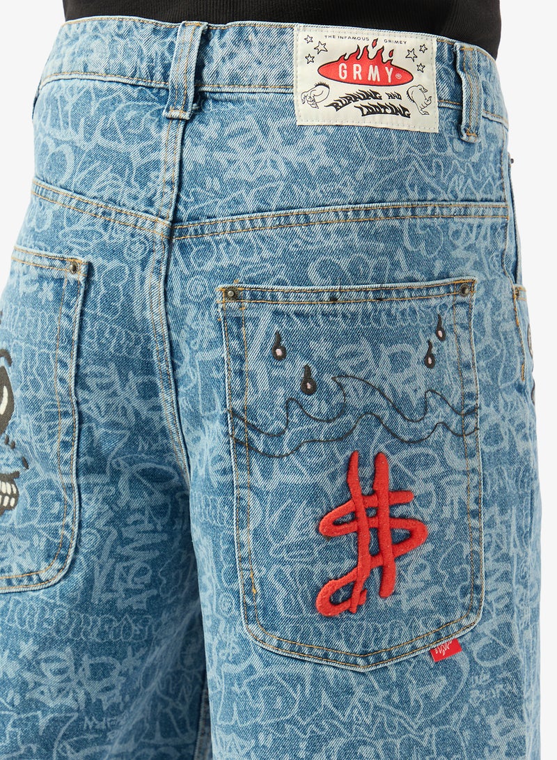 Grimey Stardust All Over Laser Baggy Denim Shorts - Image 5