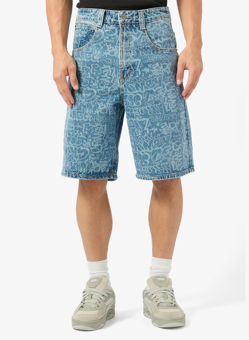 Grimey Stardust All Over Laser Baggy Denim Shorts - Image 1