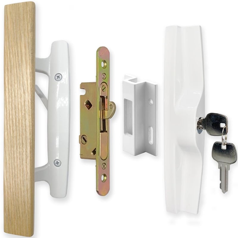 ALLYWASAI Patio Sliding Patio Door Handle Set with Mortise Lock, Key Cylinder and Keeper, Wood Handle Lock Set Fits Door Thickness from 1-1/2" to 1-3/4", 3-15/16" Screw Hole Spacing, Keyed, White - Image 1