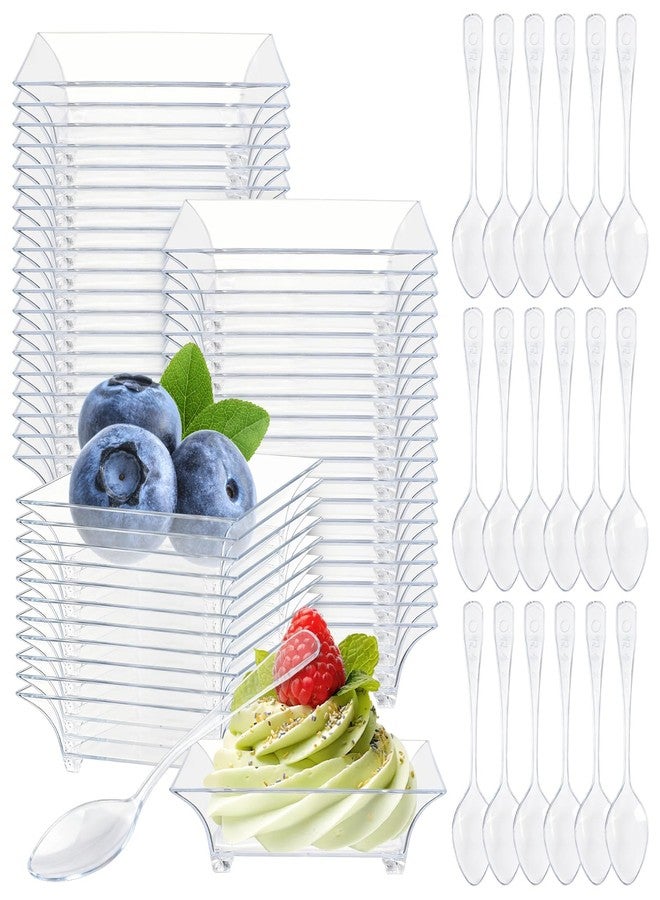 GothaBach 50 Pcs Mini Dessert Plates with Tasting Spoons, 2.4 Inch Clear Disposable Appetizer Plates, Small Plastic Tray, Mini Plastic Dish for Sauce, Dessert, Fruit, Appetizer, Party, Wedding - Image 1