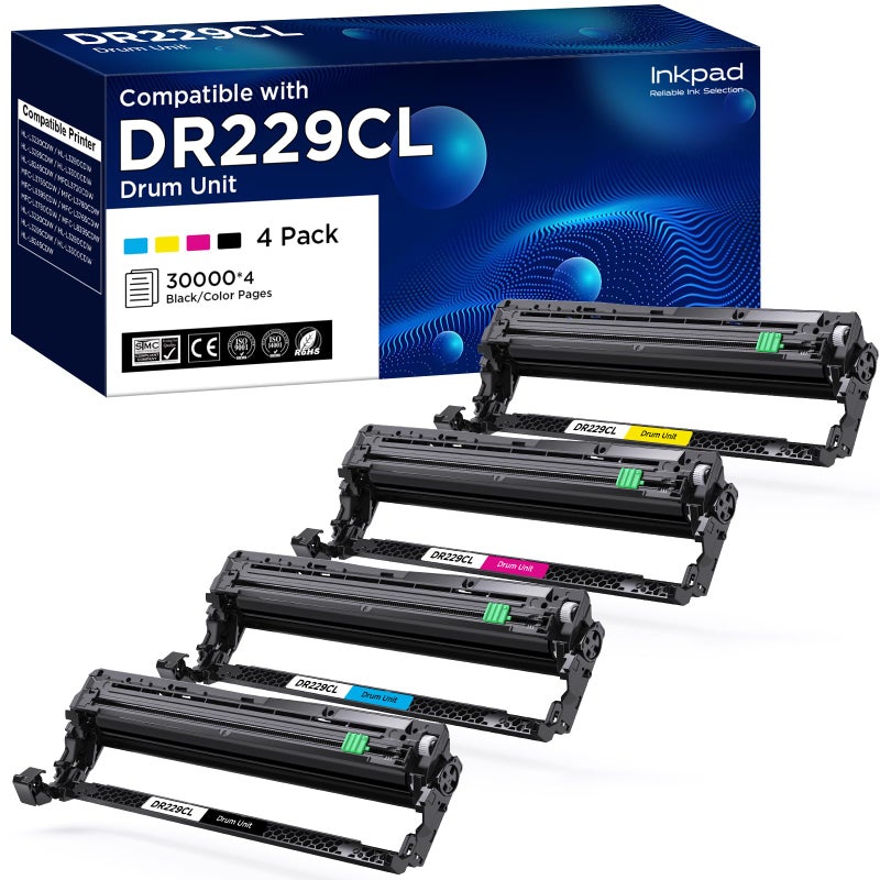 iNKPAD Compatible DR229CL Drum Unit (NOT Toner) Replacement for Brother DR-229CL DR229 TN229XL Work for MFC-L3720CDW MFC-L3765CDW MFC-L3780CDW HL-L3220CDW HL-3280CDW HL-L3295CDW Printer (4 Pack) - Image 1