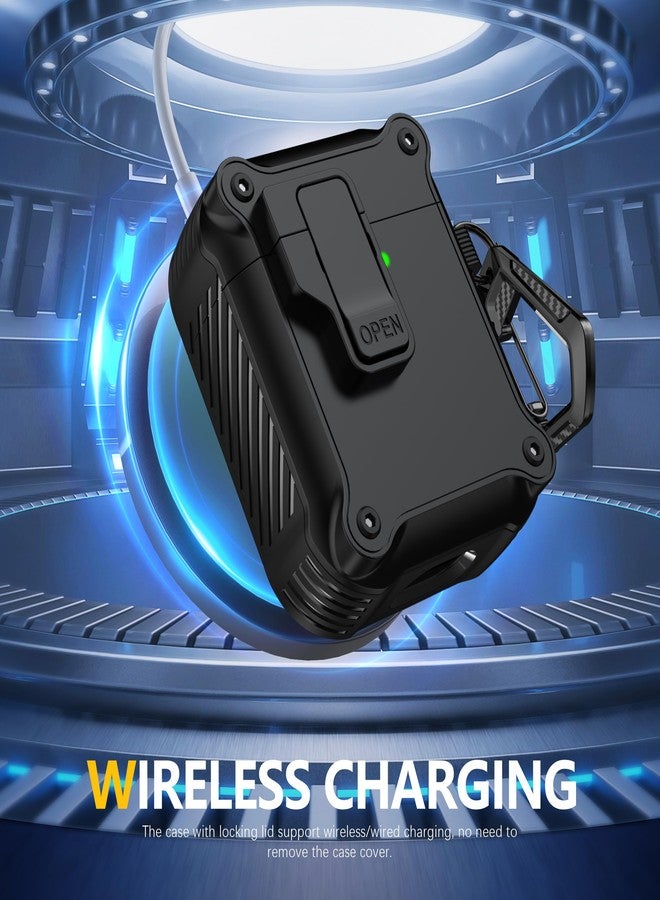 RFUNGUANGO Airpods 2nd and 1st Generation Protective Cases Automatic Pop-up with Safety Lock Clip, Full Body Shockproof Hard Case with Keychain (Free Cleaning Tool) - Black - Image 4