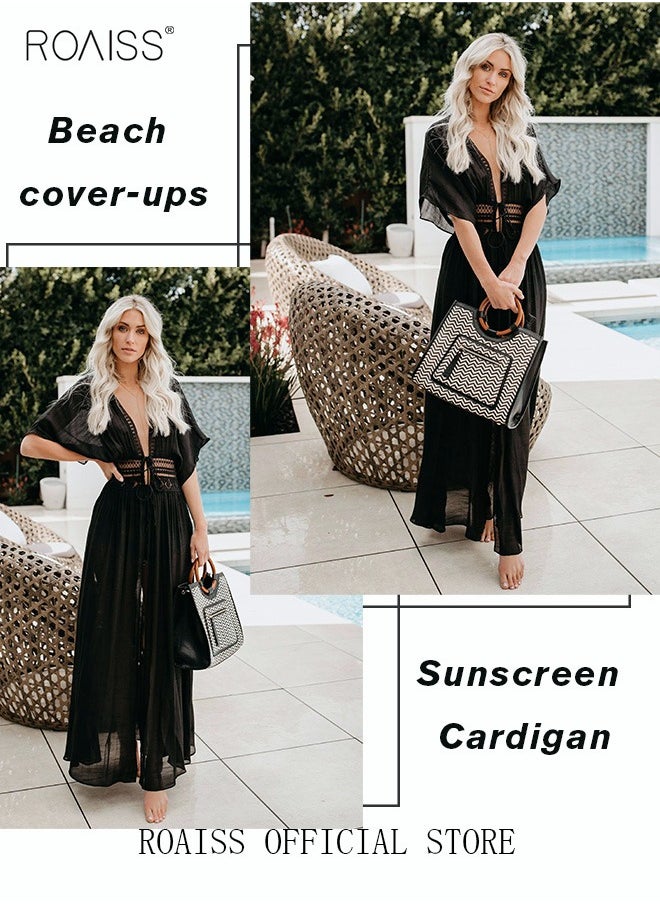 roaiss - Women Lace-up Beach Blouse Cover Beachwear Up Embroidery Mesh Dress Kimonos Bathing Suit Sunscreen Swim Skirt Hollow Lace Cardigan for Summer - Image 1