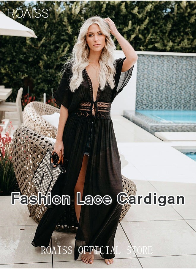 roaiss - Women Lace-up Beach Blouse Cover Beachwear Up Embroidery Mesh Dress Kimonos Bathing Suit Sunscreen Swim Skirt Hollow Lace Cardigan for Summer - Image 1