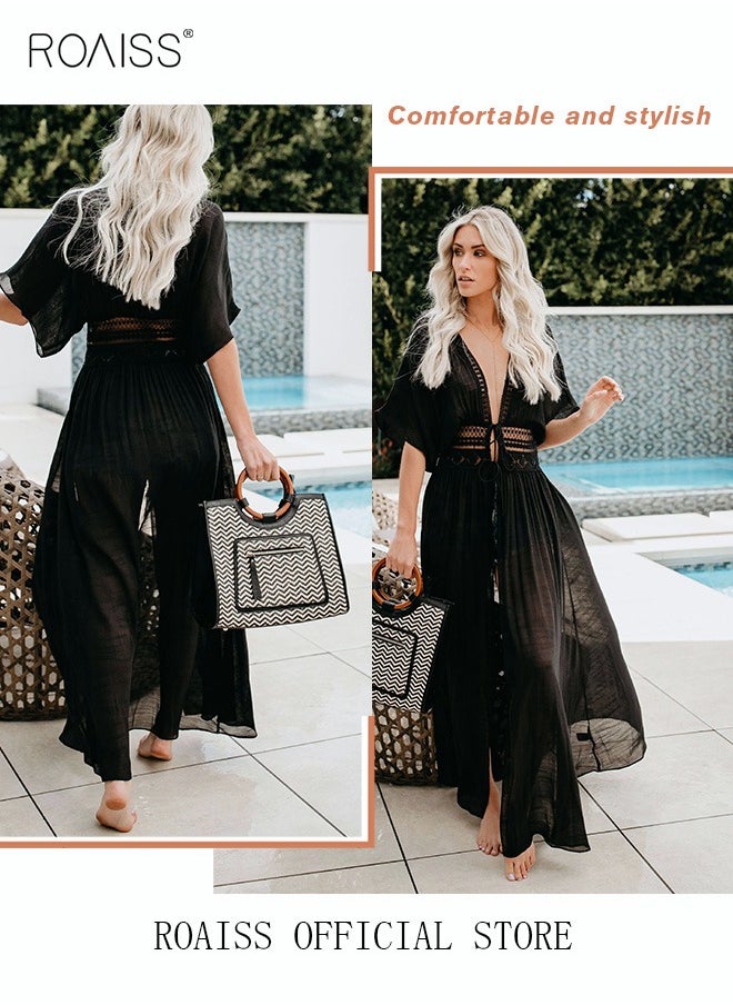 roaiss - Women Lace-up Beach Blouse Cover Beachwear Up Embroidery Mesh Dress Kimonos Bathing Suit Sunscreen Swim Skirt Hollow Lace Cardigan for Summer - Image 1