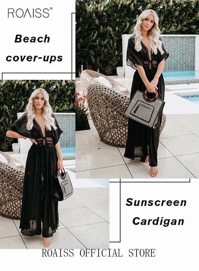 roaiss Women Lace-up Beach Blouse Cover Beachwear Up Embroidery Mesh Dress Kimonos Bathing Suit Sunscreen Swim Skirt Hollow Lace Cardigan for Summer  - Image 1
