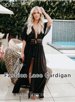 roaiss Women Lace-up Beach Blouse Cover Beachwear Up Embroidery Mesh Dress Kimonos Bathing Suit Sunscreen Swim Skirt Hollow Lace Cardigan for Summer  - Image 1