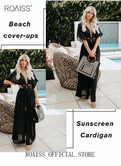 roaiss Women Lace-up Beach Blouse Cover Beachwear Up Embroidery Mesh Dress Kimonos Bathing Suit Sunscreen Swim Skirt Hollow Lace Cardigan for Summer  - Image 2
