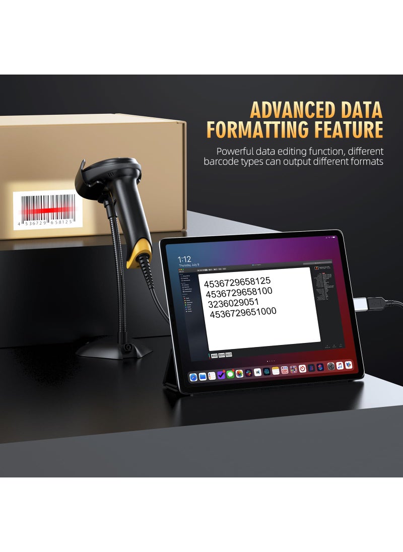 TEEMI 2D Barcode Scanner with Smart Stand USB Wired Handheld Automatic QR Data Matrix PDF417 OCR bar Codes Imager Global Shutter Computer Screen Scan for Windows Mac and Linux PC POS, Stand Included