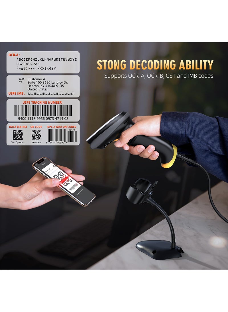 TEEMI TEEMI 2D Barcode Scanner with Smart Stand USB Wired Handheld Automatic QR Data Matrix PDF417 OCR bar Codes Imager Global Shutter Computer Screen Scan for Windows Mac and Linux PC POS, Stand Included  - Image 4