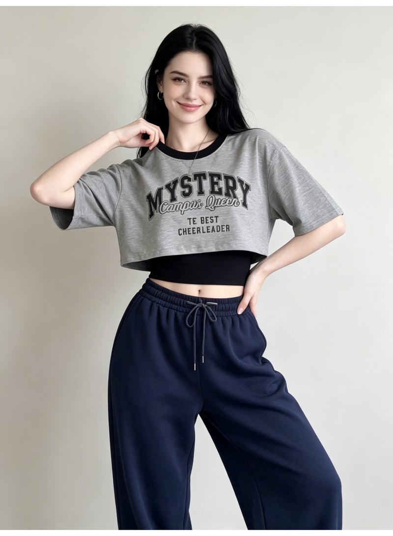 ZARA Women’s Letter Print Cropped Short Sleeve T-Shirt with Cami 2-Piece Set - Image 4