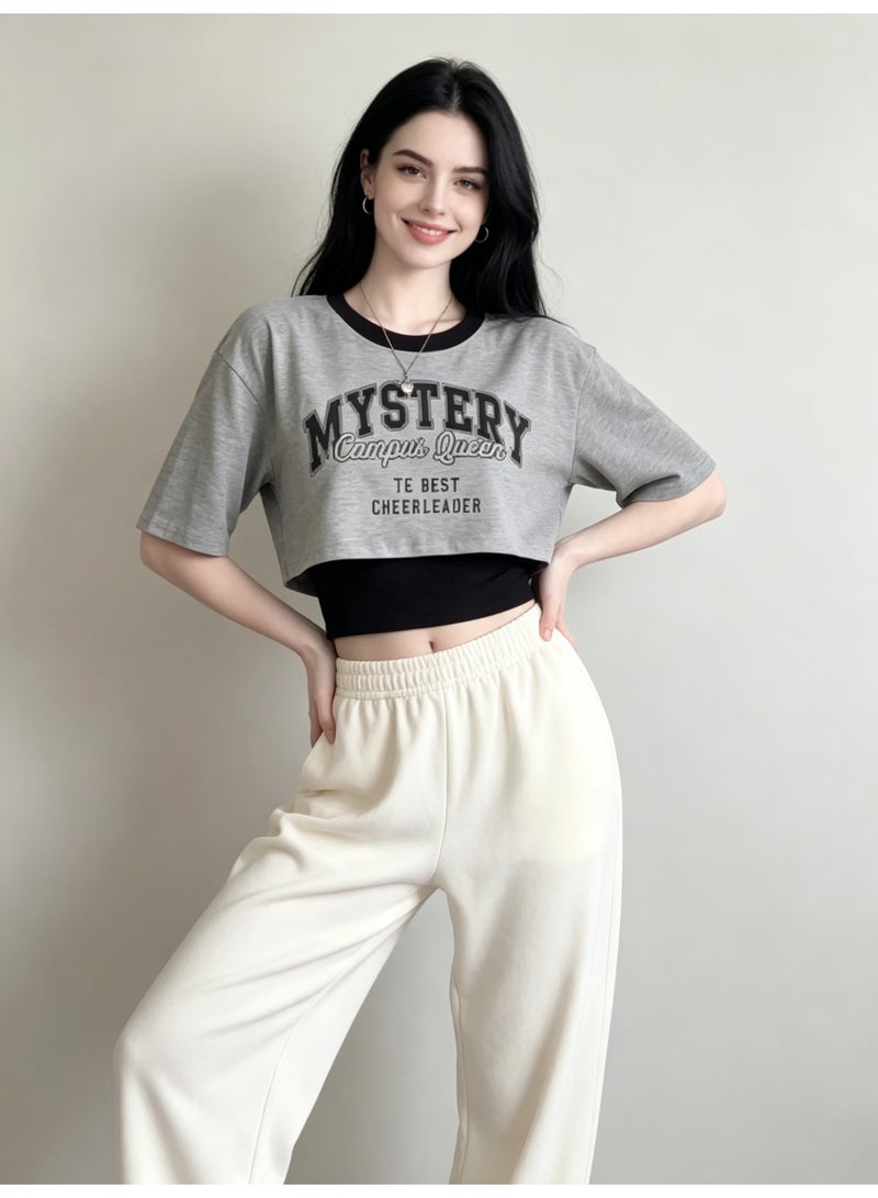 ZARA Women’s Letter Print Cropped Short Sleeve T-Shirt with Cami 2-Piece Set - Image 5