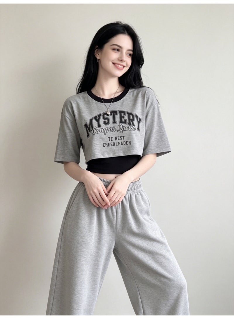 ZARA Women’s Letter Print Cropped Short Sleeve T-Shirt with Cami 2-Piece Set - Image 3
