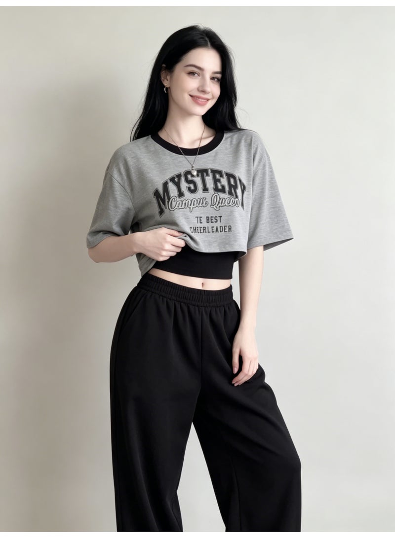 ZARA Women’s Letter Print Cropped Short Sleeve T-Shirt with Cami 2-Piece Set - Image 1