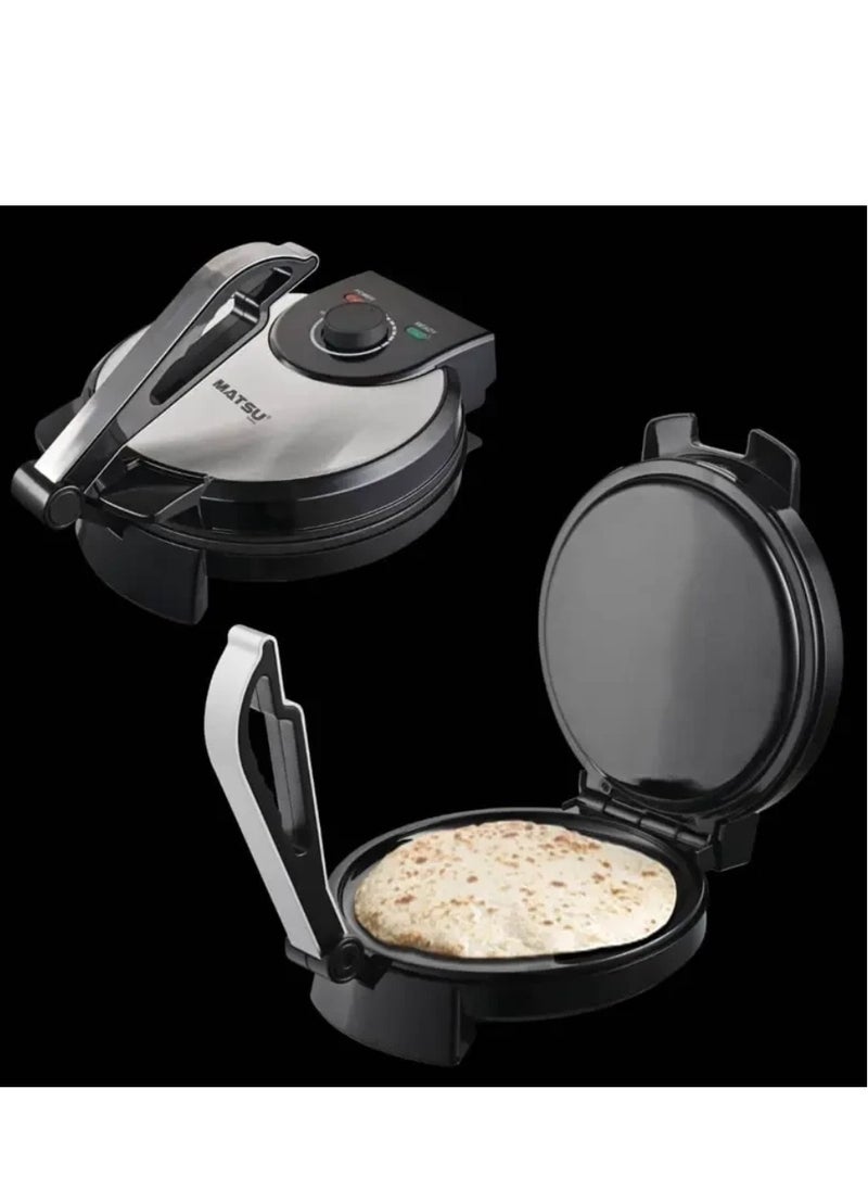 Generic - MATSU 10-Inch Electric Roti Maker – 1200W Non-Stick Chapati Press with Durable Stainless Steel Body, Adjustable Temperature Control Dial, Dual Indicator Lights for Power & Ready Status, Safety Lock Handle, Easy Cleaning Plates, Instruction Manual Included – 220-240V Home Kitchen Appliance for UAE - Image 1